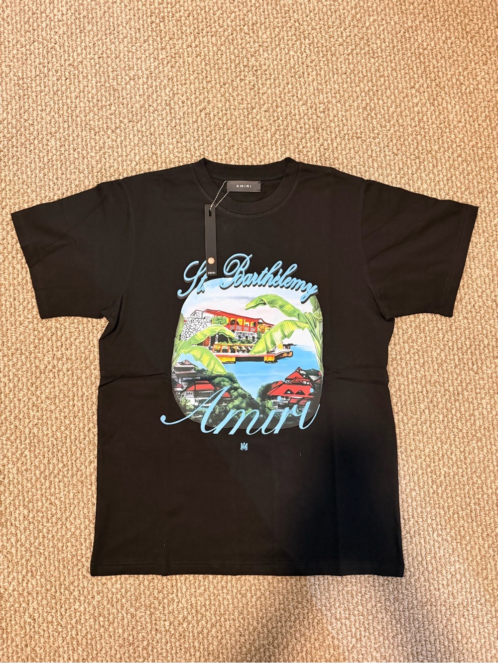 AMIRI Black Short Sleeve Crewneck with Tropical St. Barthélemy Graphic